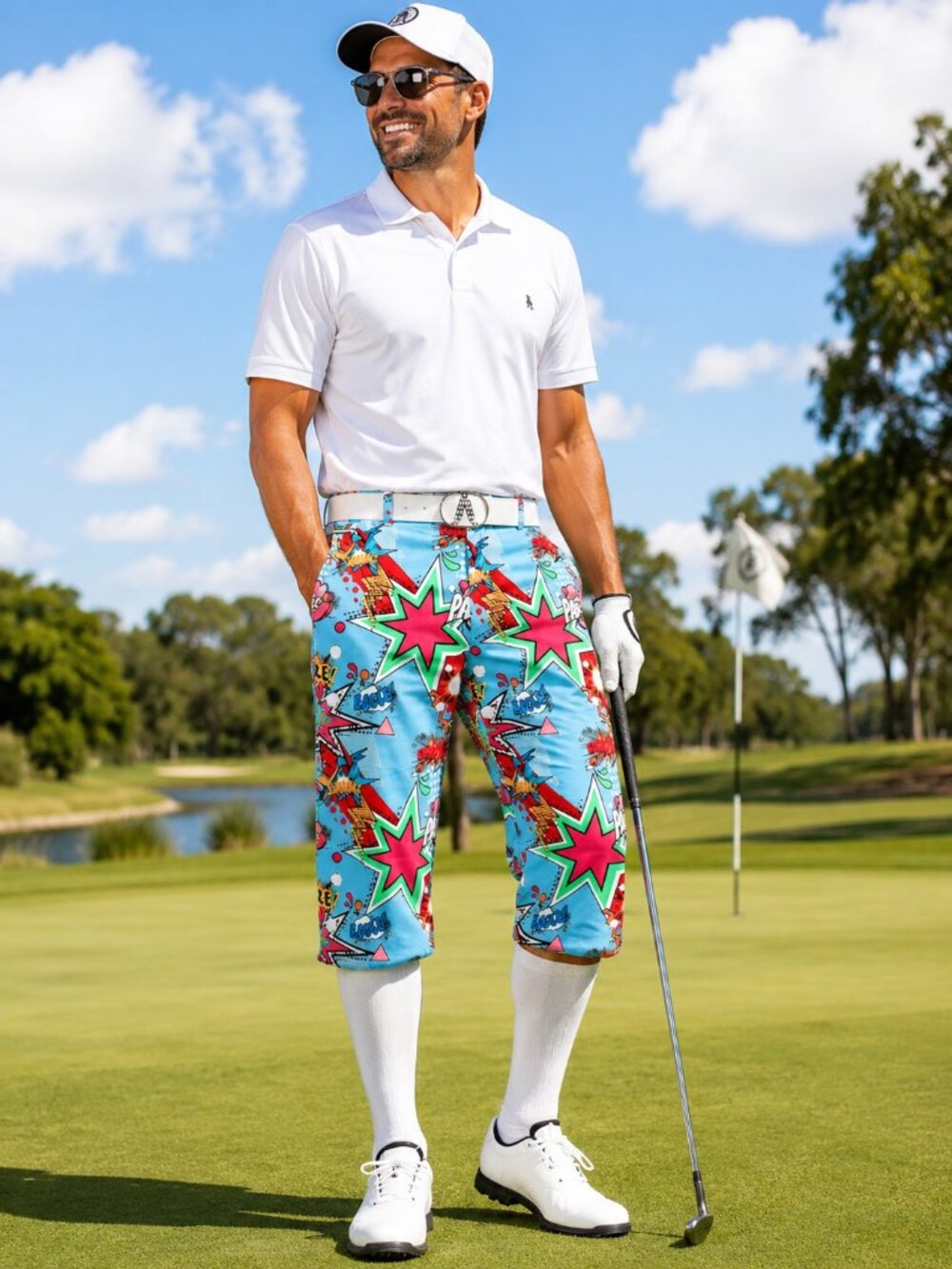 Royal & Awesome Partoon Multicolor Print Mens Plus Two Golf Knicker Pant Size 34